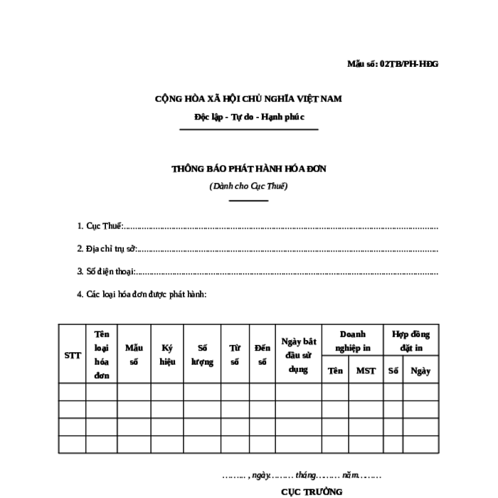 MẪU THÔNG BÁO PHÁT HÀNH HÓA ĐƠN (DÀNH CHO CỤC THUẾ)