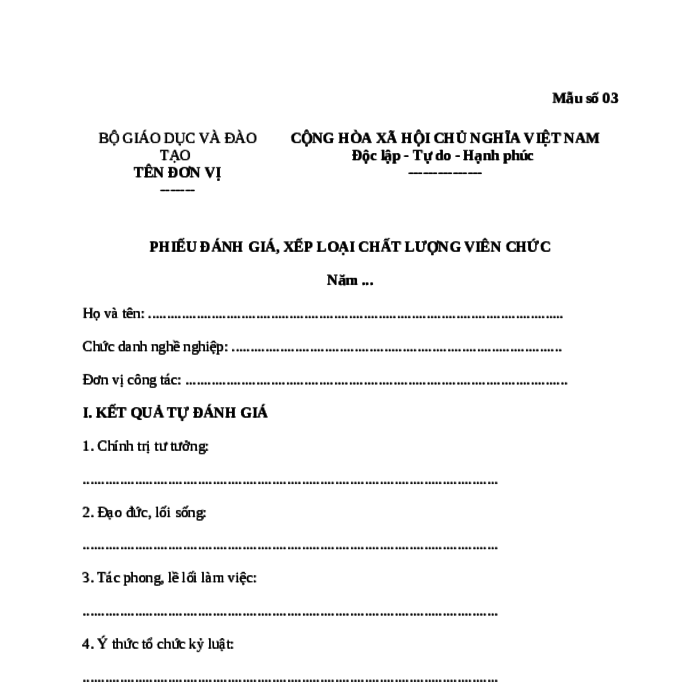 MẪU PHIẾU ĐÁNH GIÁ, XẾP LOẠI CHẤT LƯỢNG VIÊN CHỨC CỦA BỘ GIÁO DỤC VÀ ĐÀO TẠO