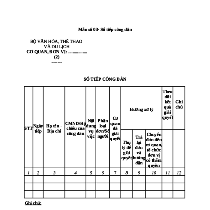 MẪU SỔ TIẾP CÔNG DÂN CỦA BỘ VĂN HÓA, THỂ THAO VÀ DU LỊCH