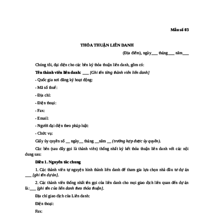 MẪU THOẢ THUẬN LIÊN DANH DỰ ÁN PPP