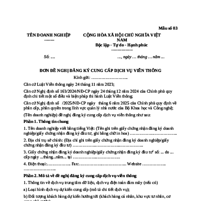 MẪU ĐƠN ĐỀ NGHỊ ĐĂNG KÝ CUNG CẤP DỊCH VỤ VIỄN THÔNG