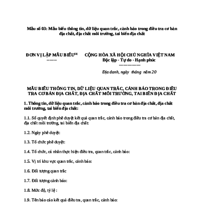 MẪU BIỂU THÔNG TIN, DỮ LIỆU QUAN TRẮC, CẢNH BÁO TRONG ĐIỀU TRA CƠ BẢN ĐỊA CHẤT, ĐỊA CHẤT MÔI TRƯỜNG, TAI BIẾN ĐỊA CHẤT