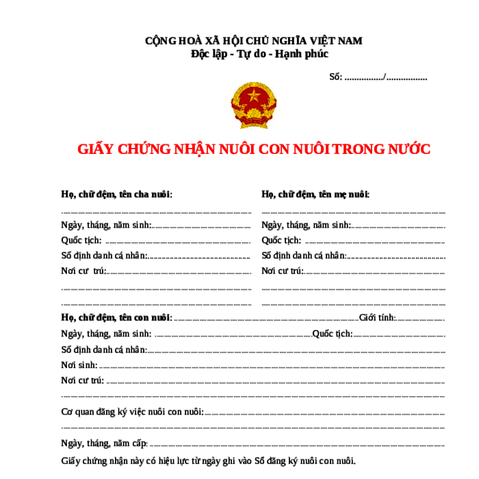 MẪU GIẤY CHỨNG NHẬN NUÔI CON NUÔI TRONG NƯỚC