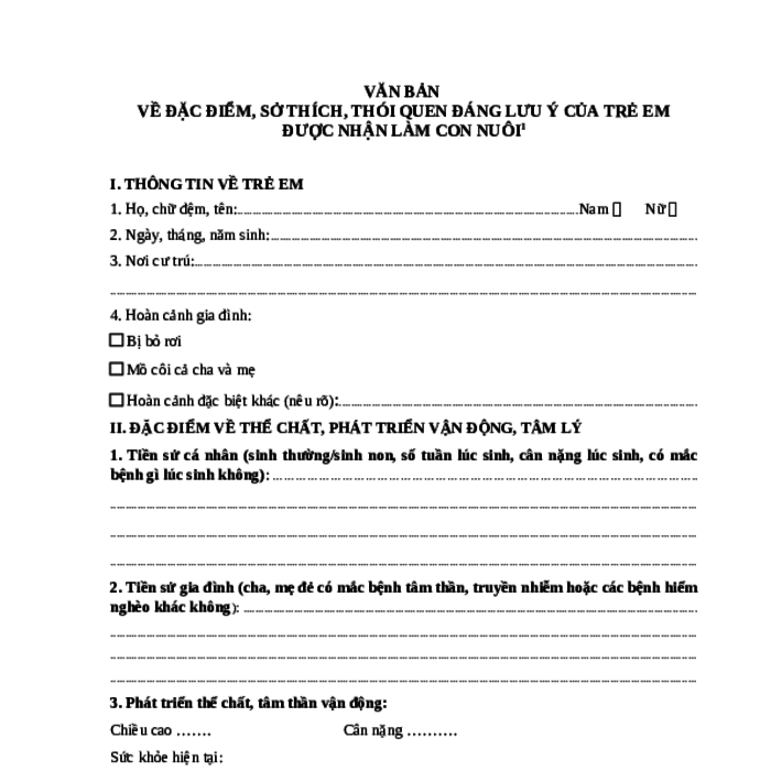 MẪU VĂN BẢN VỀ ĐẶC ĐIỂM, SỞ THÍCH, THÓI QUEN ĐÁNG LƯU Ý CỦA TRẺ EM ĐƯỢC NHẬN LÀM CON NUÔI