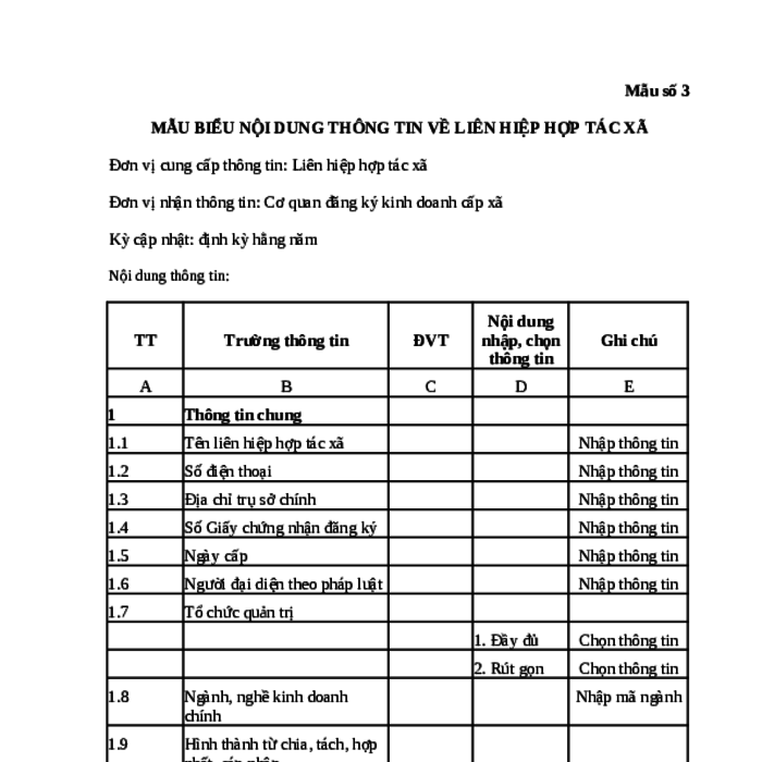 MẪU BIỂU NỘI DUNG THÔNG TIN VỀ LIÊN HIỆP HỢP TÁC XÃ