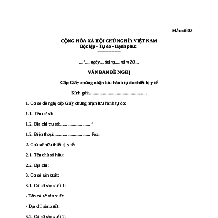 MẪU VĂN BẢN ĐỀ NGHỊ CẤP GIẤY CHỨNG NHẬN LƯU HÀNH TỰ DO THIẾT BỊ Y TẾ