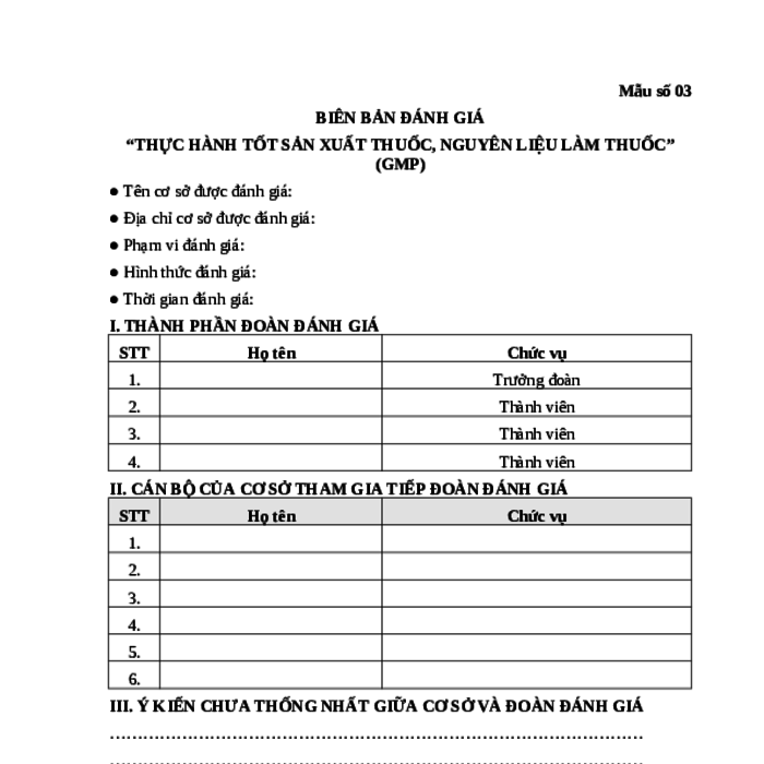 MẪU BIÊN BẢN ĐÁNH GIÁ “THỰC HÀNH TỐT SẢN XUẤT THUỐC, NGUYÊN LIỆU LÀM THUỐC” (GMP)