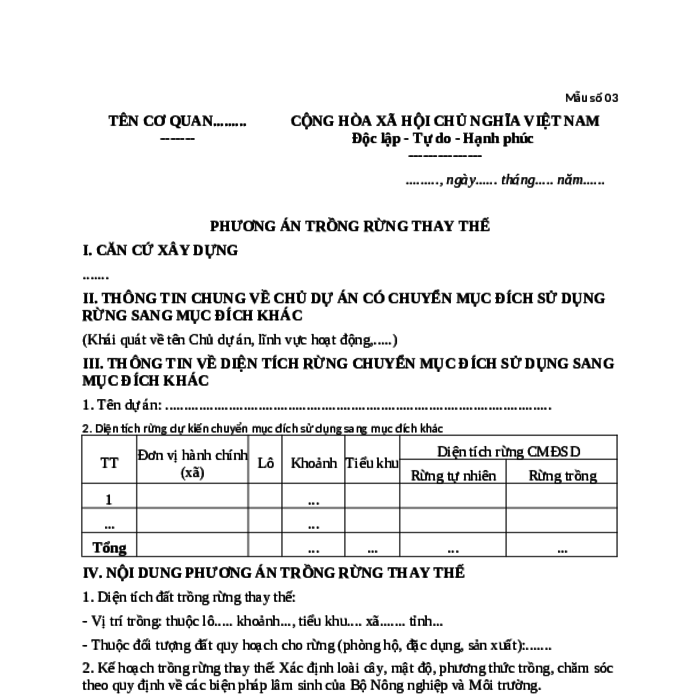 MẪU PHƯƠNG ÁN TRỒNG RỪNG THAY THẾ