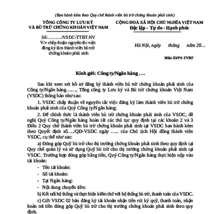 MẪU CÔNG VĂN CHẤP THUẬN NGUYÊN TẮC VIỆC ĐĂNG KÝ LÀM THÀNH VIÊN BÙ TRỪ CHỨNG KHOÁN PHÁI SINH