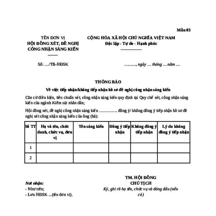 MẪU THÔNG BÁO VỀ VIỆC TIẾP NHẬN/KHÔNG TIẾP NHẬN HỒ SƠ ĐỀ NGHỊ CÔNG NHẬN SÁNG KIẾN VIỆN KIỂM SÁT NHÂN DÂN TỐI CAO