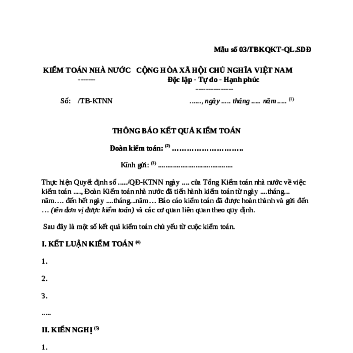 MẪU THÔNG BÁO KẾT QUẢ KIỂM TOÁN DO KIỂM TOÁN NHÀ NƯỚC BAN HÀNH