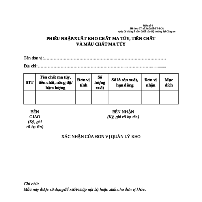 MẪU PHIẾU NHẬP/XUẤT KHO CHẤT MA TÚY, TIỀN CHẤT VÀ MẪU CHẤT MA TÚY VÌ MỤC ĐÍCH QUỐC PHÒNG, AN NINH