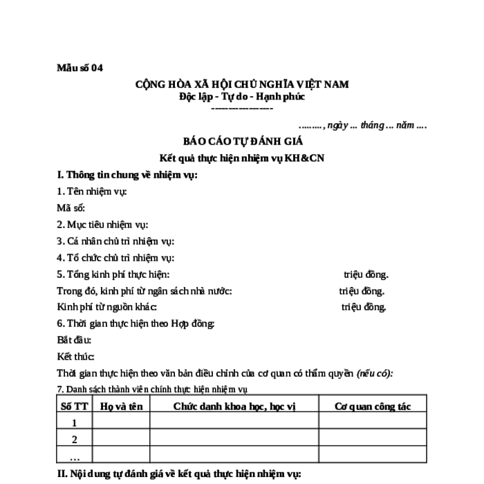 MẪU BÁO CÁO TỰ ĐÁNH GIÁ KẾT QUẢ THỰC HIỆN NHIỆM VỤ KH&CN CẤP BỘ CỦA NGÂN HÀNG NHÀ NƯỚC VIỆT NAM
