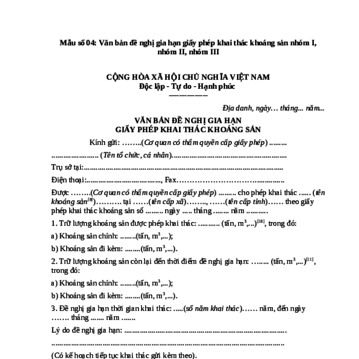 MẪU VĂN BẢN ĐỀ NGHỊ GIA HẠN GIẤY PHÉP KHAI THÁC KHOÁNG SẢN