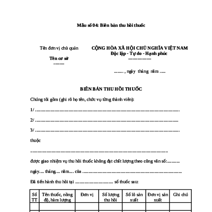 MẪU BIÊN BẢN THU HỒI THUỐC DO BỘ Y TẾ BAN HÀNH