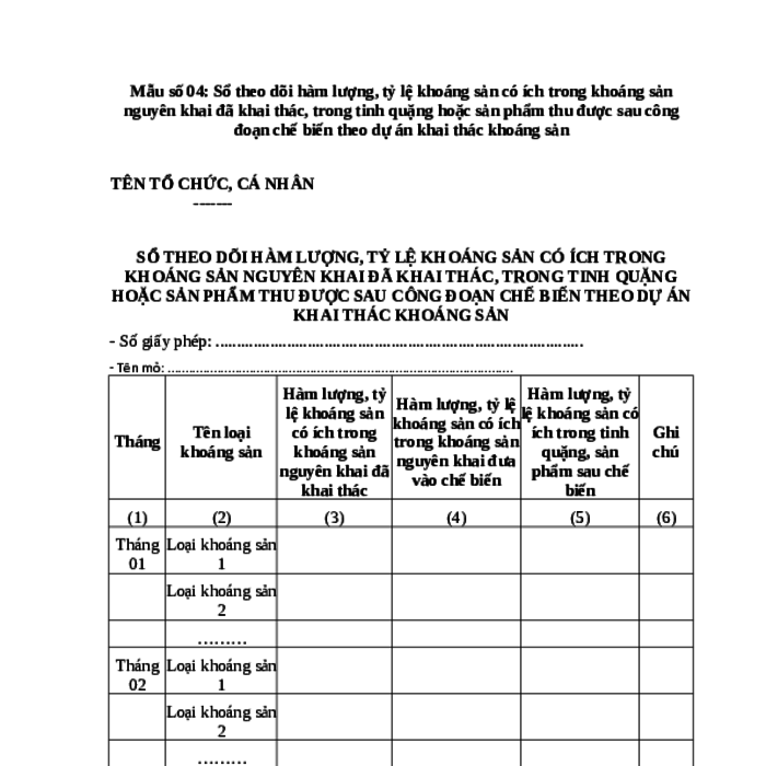 MẪU SỔ THEO DÕI HÀM LƯỢNG, TỶ LỆ KHOÁNG SẢN CÓ ÍCH TRONG KHOÁNG SẢN NGUYÊN KHAI ĐÃ KHAI THÁC, TRONG TINH QUẶNG HOẶC SẢN PHẨM THU ĐƯỢC SAU CÔNG ĐOẠN CHẾ BIẾN THEO DỰ ÁN KHAI THÁC KHOÁNG SẢN