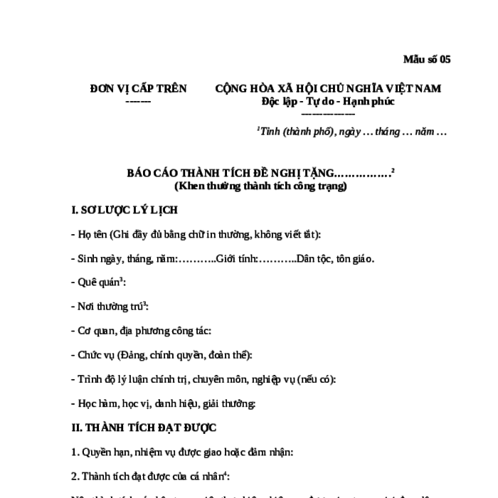 MẪU BÁO CÁO THÀNH TÍCH ĐỀ NGHỊ KHEN THƯỞNG CÔNG TRẠNG CHO CÁ NHÂN CỦA CHÍNH PHỦ
