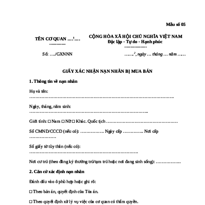 MẪU GIẤY XÁC NHẬN NẠN NHÂN BỊ MUA BÁN NGƯỜI