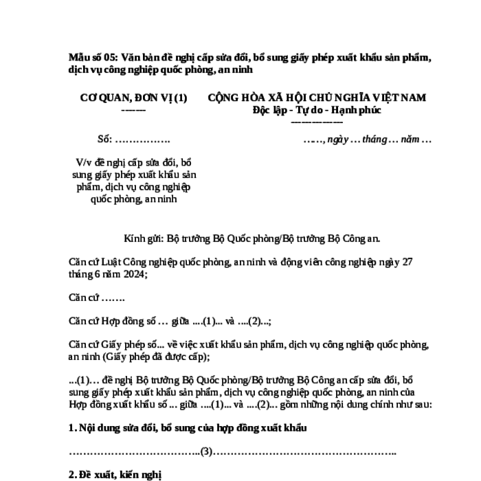 MẪU CÔNG VĂN ĐỀ NGHỊ CẤP SỬA ĐỔI, BỔ SUNG GIẤY PHÉP XUẤT KHẨU SẢN PHẨM, DỊCH VỤ CÔNG NGHIỆP QUỐC PHÒNG, AN NINH