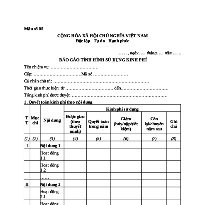 MẪU BÁO CÁO TÌNH HÌNH SỬ DỤNG KINH PHÍ THỰC HIỆN NHIỆM VỤ KHOA HỌC VÀ CÔNG NGHỆ CẤP BỘ CỦA NGÂN HÀNG NHÀ NƯỚC VIỆT NAM