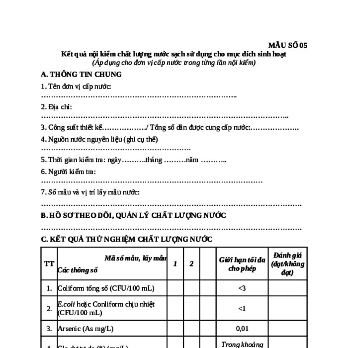 MẪU KẾT QUẢ NỘI KIỂM CHẤT LƯỢNG NƯỚC SẠCH SỬ DỤNG CHO MỤC ĐÍCH SINH HOẠT CỦA BỘ Y TẾ (ÁP DỤNG CHO ĐƠN VỊ CẤP NƯỚC TRONG TỪNG LẦN NỘI KIỂM)