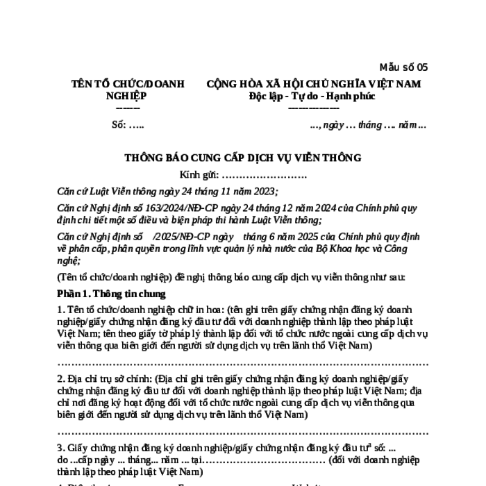 MẪU THÔNG BÁO CUNG CẤP DỊCH VỤ VIỄN THÔNG