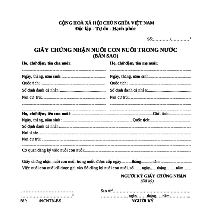 MẪU GIẤY CHỨNG NHẬN NUÔI CON NUÔI TRONG NƯỚC (BẢN SAO)