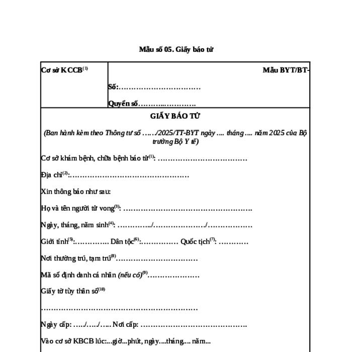 MẪU GIẤY BÁO TỬ