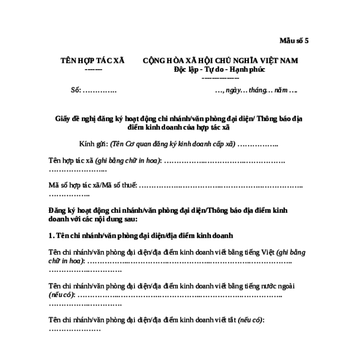 MẪU GIẤY ĐỀ NGHỊ ĐĂNG KÝ HOẠT ĐỘNG CHI NHÁNH/VĂN PHÒNG ĐẠI DIỆN/ THÔNG BÁO ĐỊA ĐIỂM KINH DOANH CỦA HỢP TÁC XÃ