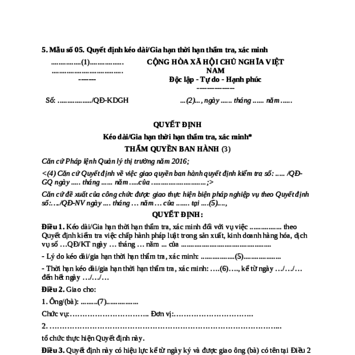 MẪU QUYẾT ĐỊNH KÉO DÀI/GIA HẠN THỜI HẠN THẨM TRA, XÁC MINH (TRONG CÔNG TÁC QUẢN LÝ THỊ TRƯỜNG)