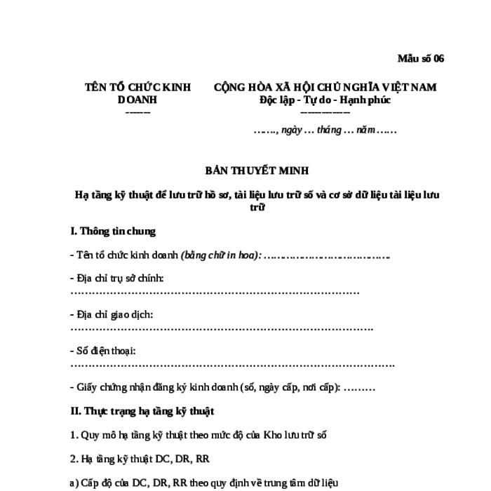 MẪU BẢN THUYẾT MINH HẠ TẦNG KỸ THUẬT ĐỂ LƯU TRỮ HỒ SƠ, TÀI LIỆU LƯU TRỮ SỐ VÀ CƠ SỞ DỮ LIỆU TÀI LIỆU LƯU TRỮ