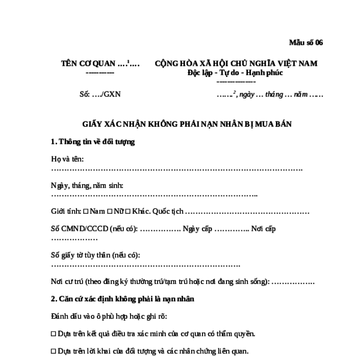 MẪU GIẤY XÁC NHẬN KHÔNG PHẢI NẠN NHÂN BỊ MUA BÁN TRONG PHÒNG, CHỐNG MUA BÁN NGƯỜI