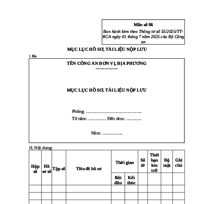 MẪU MỤC LỤC HỒ SƠ, TÀI LIỆU NỘP LƯU CỦA BỘ CÔNG AN