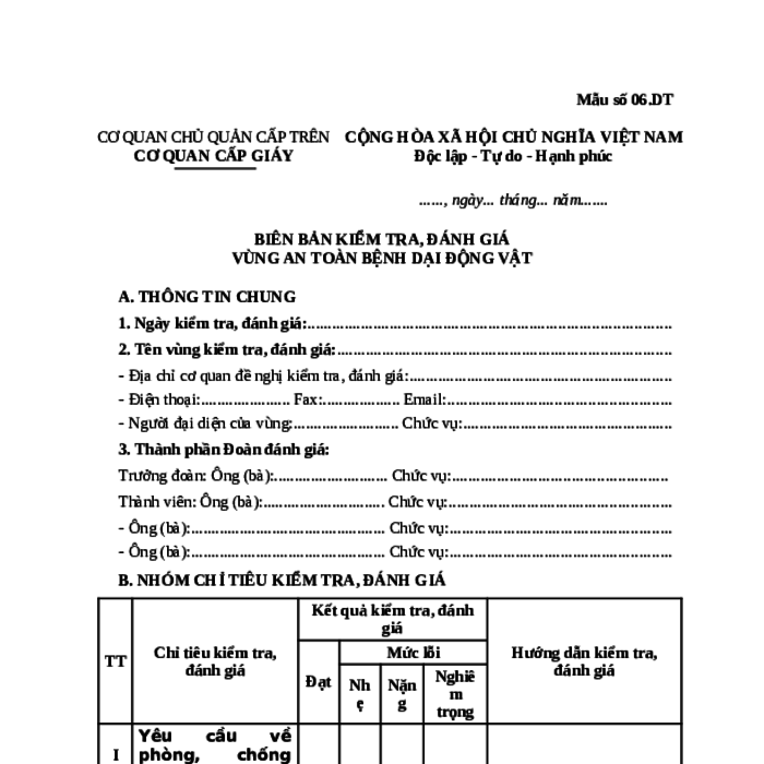 MẪU BIÊN BẢN KIỂM TRA, ĐÁNH GIÁ VÙNG AN TOÀN BỆNH DẠI ĐỘNG VẬT
