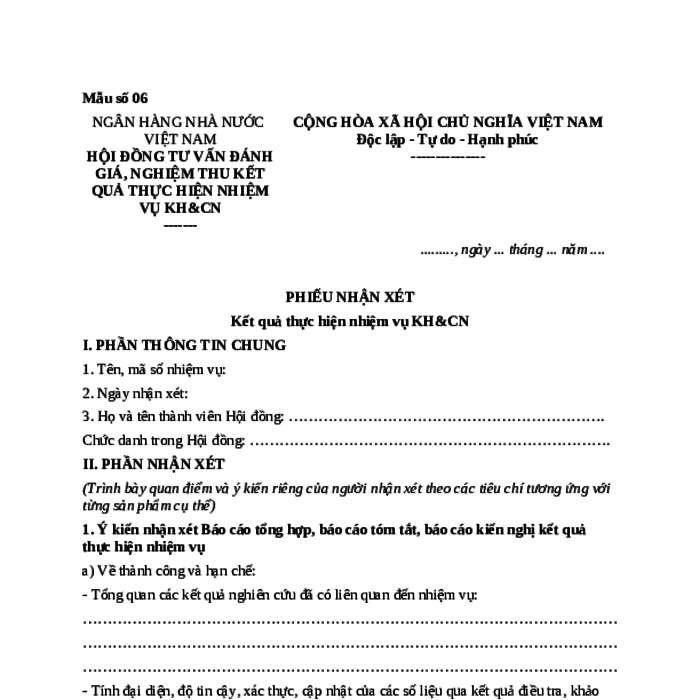 MẪU PHIẾU NHẬN XÉT KẾT QUẢ THỰC HIỆN NHIỆM VỤ KH&CN CẤP BỘ CỦA NGÂN HÀNG NHÀ NƯỚC VIỆT NAM