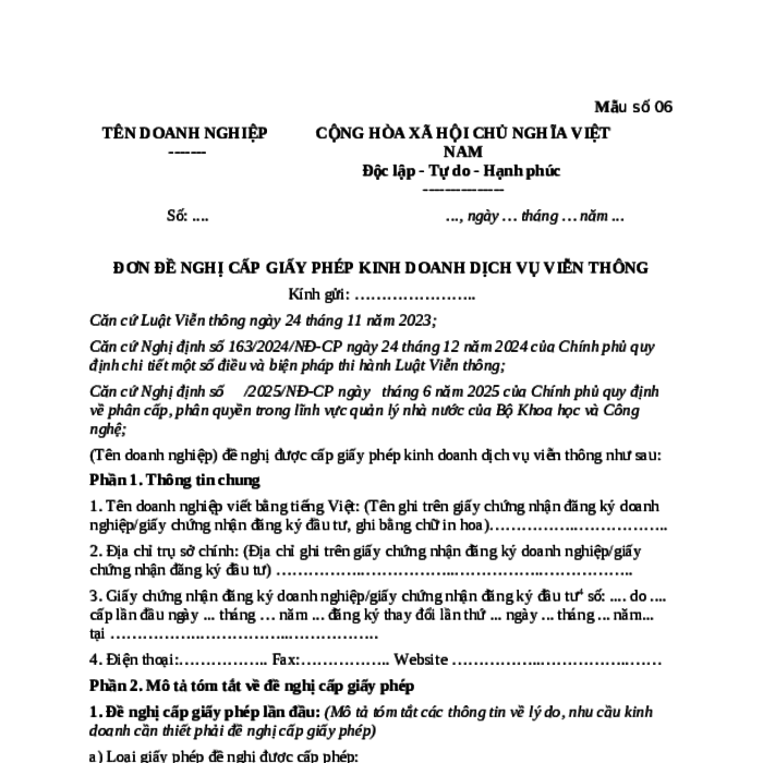 MẪU ĐƠN ĐỀ NGHỊ CẤP GIẤY PHÉP KINH DOANH DỊCH VỤ VIỄN THÔNG