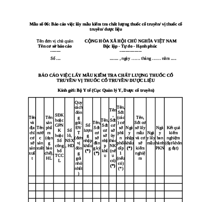 MẪU BÁO CÁO VIỆC LẤY MẪU KIỂM TRA CHẤT LƯỢNG THUỐC CỔ TRUYỀN/ VỊ THUỐC CỔ TRUYỀN/ DƯỢC LIỆU