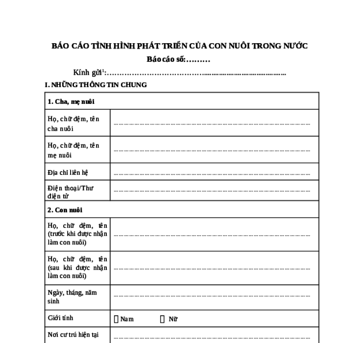 MẪU BÁO CÁO TÌNH HÌNH PHÁT TRIỂN CỦA CON NUÔI TRONG NƯỚC