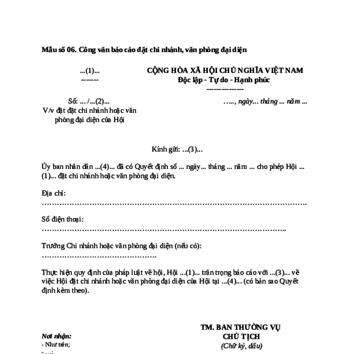 MẪU CÔNG VĂN BÁO CÁO ĐẶT CHI NHÁNH HOẶC VĂN PHÒNG ĐẠI DIỆN CỦA HỘI