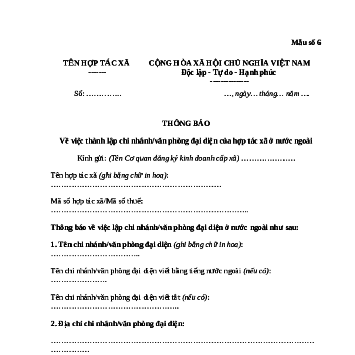 MẪU THÔNG BÁO VỀ VIỆC THÀNH LẬP CHI NHÁNH/VĂN PHÒNG ĐẠI DIỆN CỦA HỢP TÁC XÃ Ở NƯỚC NGOÀI
