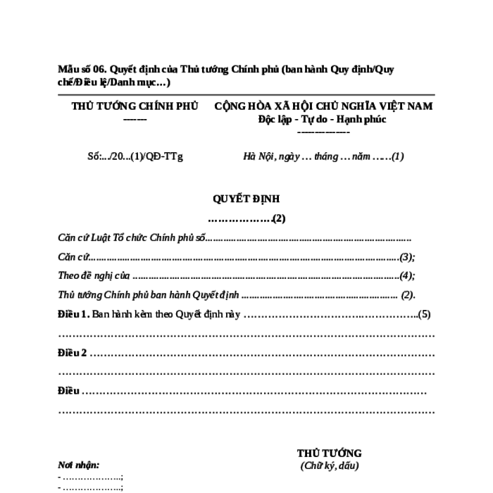 MẪU QUYẾT ĐỊNH CỦA THỦ TƯỚNG CHÍNH PHỦ (BAN HÀNH QUY ĐỊNH/QUY CHẾ/ĐIỀU LỆ/DANH MỤC…)