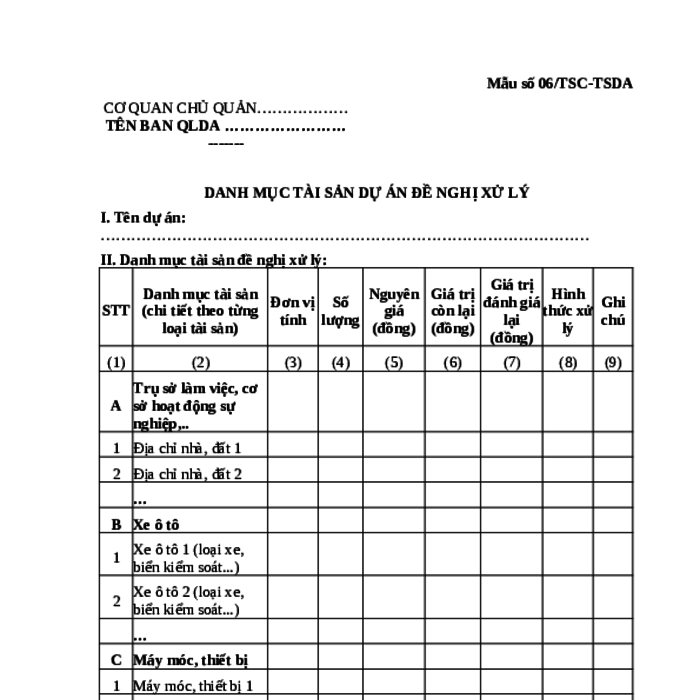 MẪU DANH MỤC TÀI SẢN DỰ ÁN ĐỀ NGHỊ XỬ LÝ TÀI SẢN CÔNG CỦA CHÍNH PHỦ