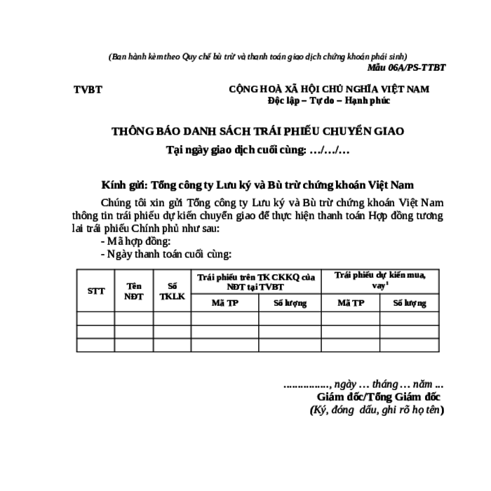 MẪU THÔNG BÁO DANH SÁCH TRÁI PHIẾU CHUYỂN GIAO (TRONG QUY CHẾ BÙ TRỪ VÀ THANH TOÁN GIAO DỊCH CHỨNG KHOÁN PHÁI SINH)