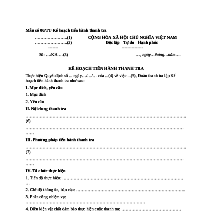 MẪU KẾ HOẠCH TIẾN HÀNH THANH TRA  DO THANH TRA CHÍNH PHỦ BAN HÀNH