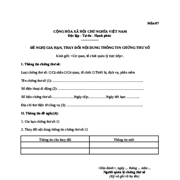 MẪU VĂN BẢN ĐỀ NGHỊ GIA HẠN, THAY ĐỔI NỘI DUNG THÔNG TIN CHỨNG THƯ SỐ CỦA THUÊ BAO