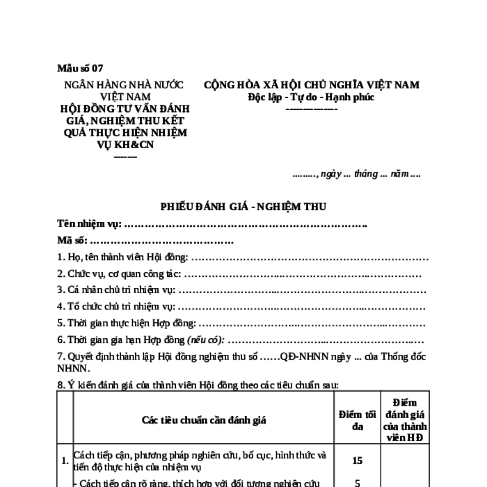 MẪU PHIẾU ĐÁNH GIÁ - NGHIỆM THU NHIỆM VỤ KH&CN CẤP BỘ CỦA NGÂN HÀNG NHÀ NƯỚC VIỆT NAM