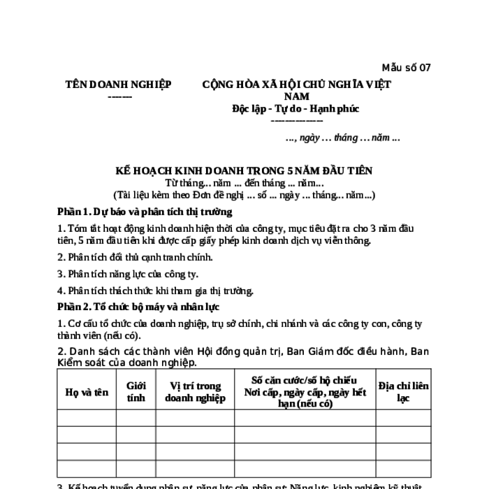 MẪU KẾ HOẠCH KINH DOANH TRONG 5 NĂM ĐẦU TIÊN (ĐỐI VỚI KINH DOANH DỊCH VỤ VIỄN THÔNG)