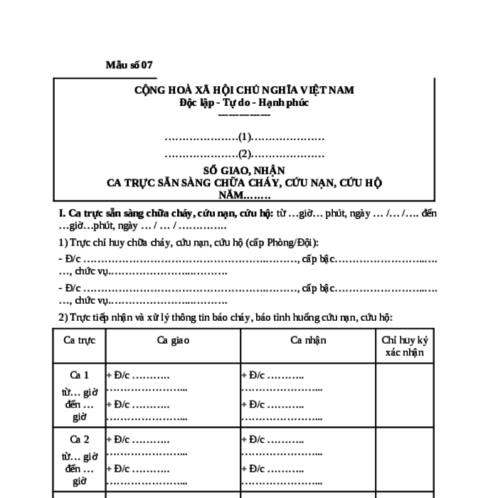 MẪU SỔ GIAO, NHẬN CA TRỰC SẴN SÀNG CHỮA CHÁY, CỨU NẠN, CỨU HỘ