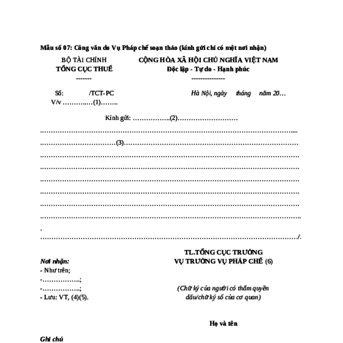 MẪU CÔNG VĂN DO VỤ PHÁP CHẾ SOẠN THẢO (PHẦN KÍNH GỬI CHỈ CÓ 01 NƠI NHẬN) TỔNG CỤC THUẾ