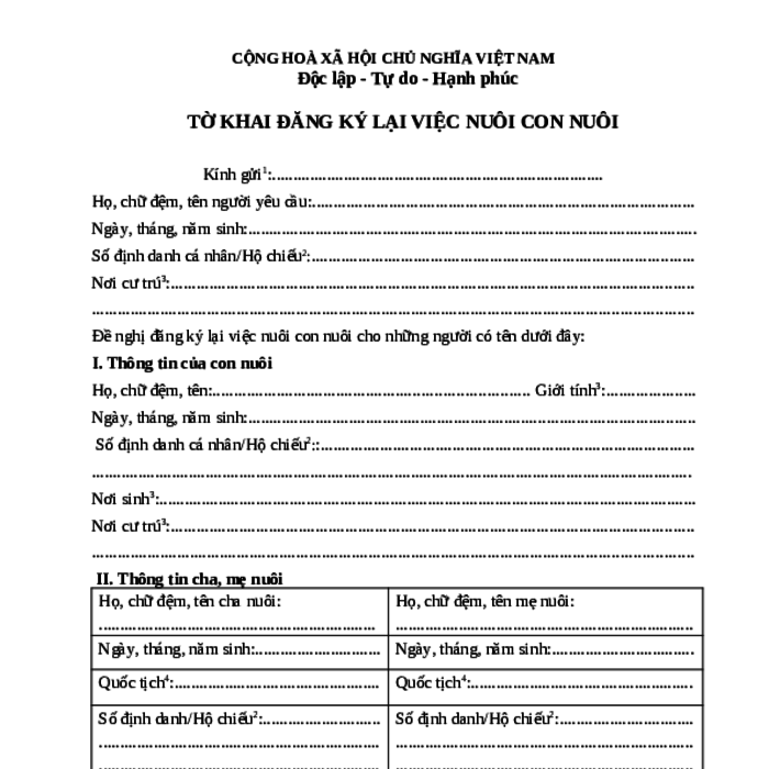 MẪU TỜ KHAI ĐĂNG KÝ LẠI VIỆC NUÔI CON NUÔI